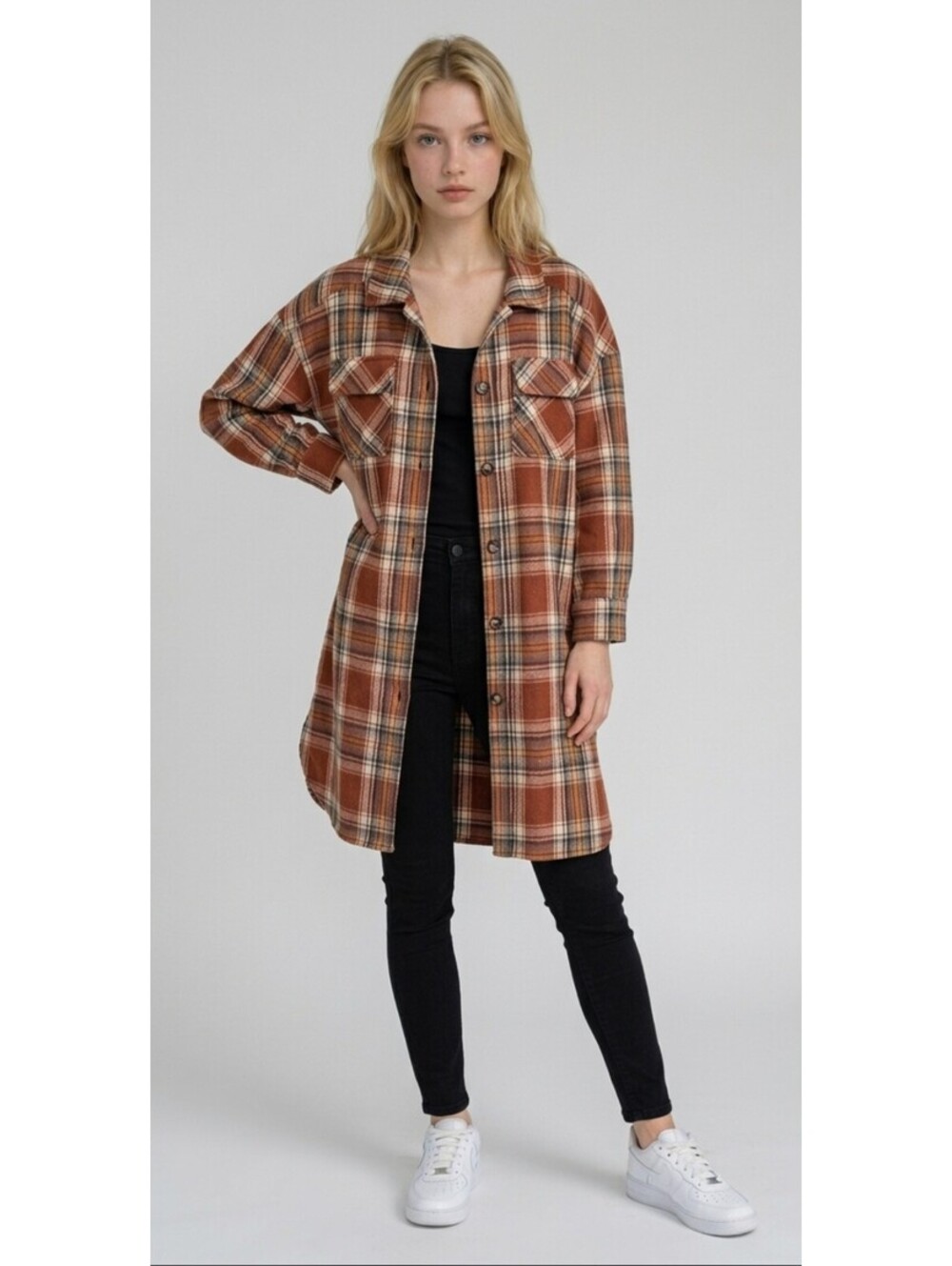 GiGiO Plaid OVERSIZED Long Shirt Jacket in Brown / Orange Tones, Size Small NWT